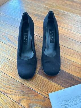 Vintage Stuart Weitzman Black Fabric Square Toe Block Heel Pumps